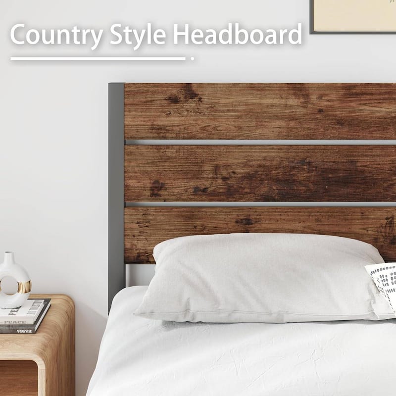 Brown Wood Headboard Platform Bed Frame with Sturdy Metal Design