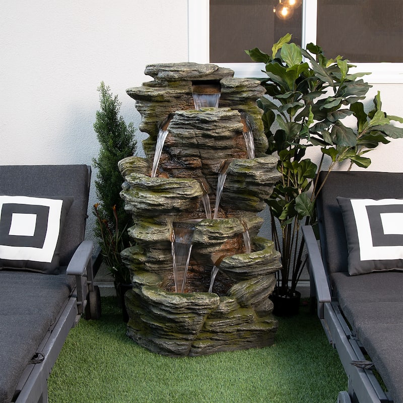 Alpine Corporation WIN1092 51" Brown Outdoor Floor Multitiered Rock Waterfall Fountain with LED Lights