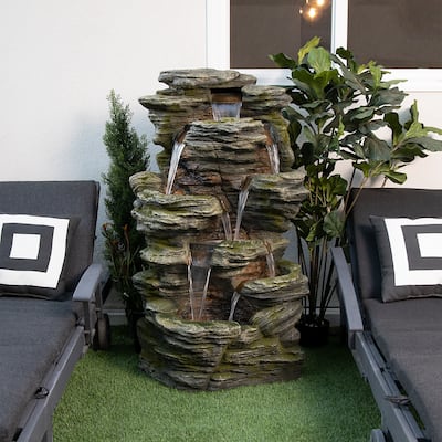 Alpine Corporation WIN1092 51" Brown Outdoor Floor Multitiered Rock Waterfall Fountain with LED Lights
