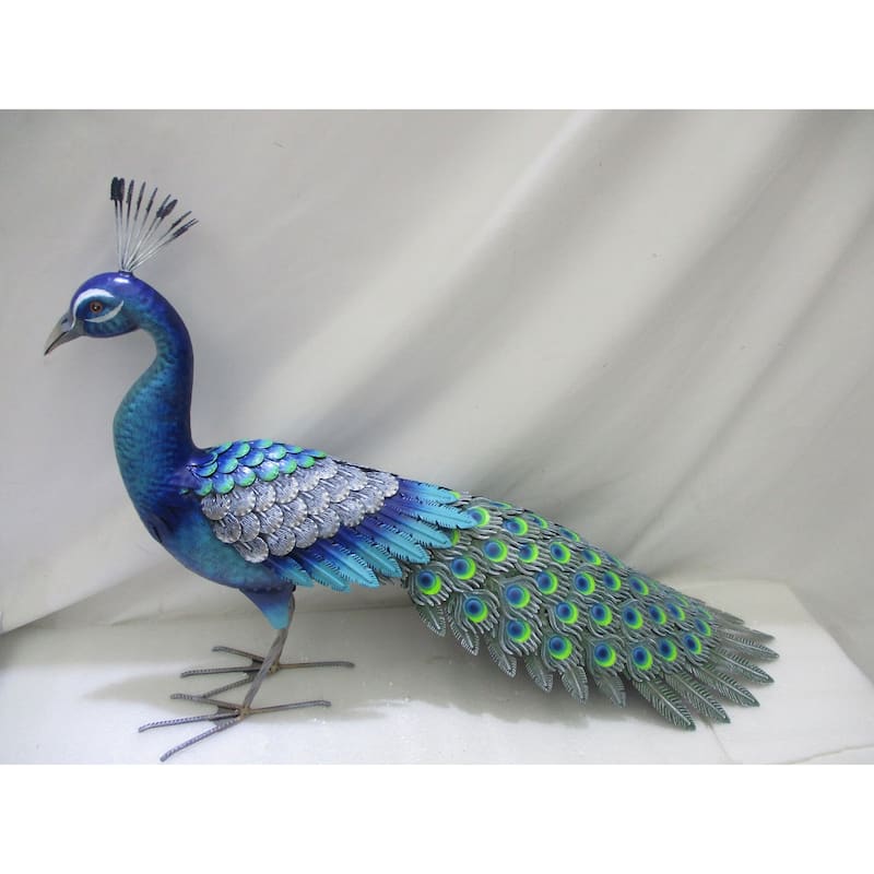 Blue And Green Standing Peacock Garden Sculpture