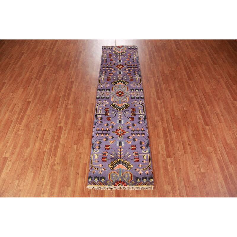 Hand Knotted Oriental 100% Wool Carpet Transitional All-Over Purples Oushak Runner Rug - 9' 10'' X 2' 7''