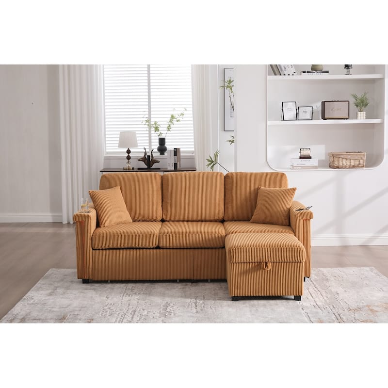 L-Shaped Sectional Sofa with Pull-Out Storage,Ottoman & Pillows 3-Seat with USB Charging,Cup Holder, Convertible Design - Yellow