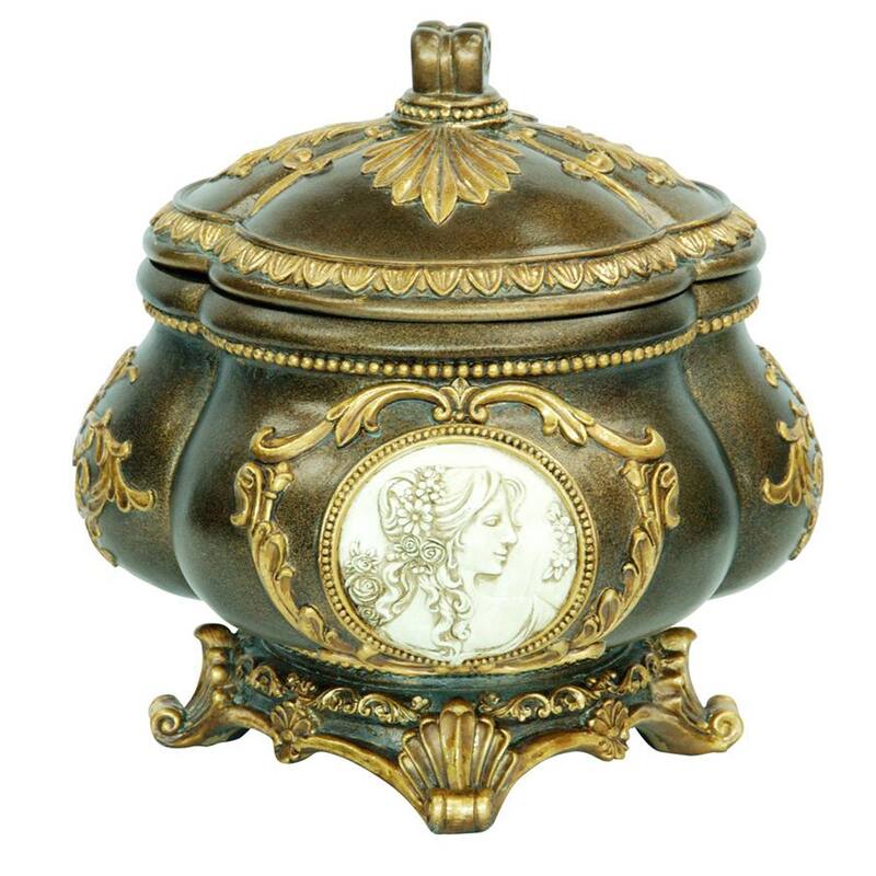 9" Bronze Gold And White Resin Floral Scroll Jewelry Box With Lacquer and High-Gloss Finishes