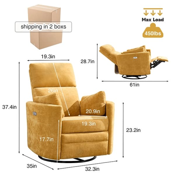 dimension image slide 5 of 8, HOMYKA Power Rocker Swivel Recliner with USB and Type-C Ports