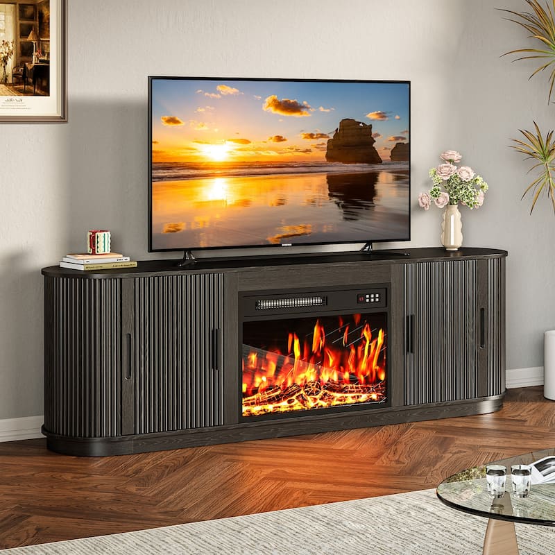 BOSSIN 70" Electric Fireplace TV Stand with Fluted Design, Curved Edges, 7 Flame Colors & 8H Timer, Holds Up to 80" TV, Black - Black