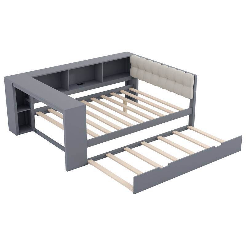 Upholstered Sofa Bed, Wood Daybed, L-shaped Bed Frame with Desk, Shelves, Charging Station, and Optional with Trundle or Drawers