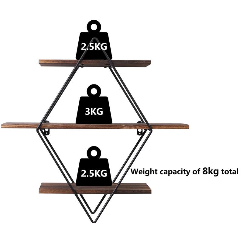 Floating Wall Mounted Display Shelf 3 Tiered Wooden Shelves Black Frame Shelving