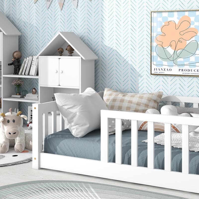 Montessori Twin Size Toddler Floor Bed with Fence without Door, Open-row Design Wood Frame Platform Bed with Safety Guardrails