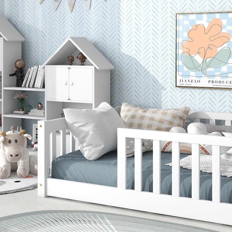 Twin Floor Platform Bed with Fence without Door