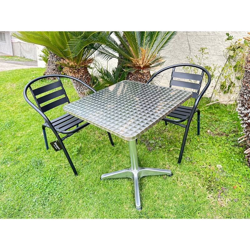 BTEXPERT Indoor Outdoor 23.75" Square Restaurant Table Steel Aluminum + 2 Black Metal Stack Chairs