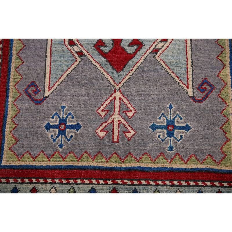 Gray Geometric Kazak Foyer Rug Handmade Oriental Wool Carpet - 3'4" x 5'5"