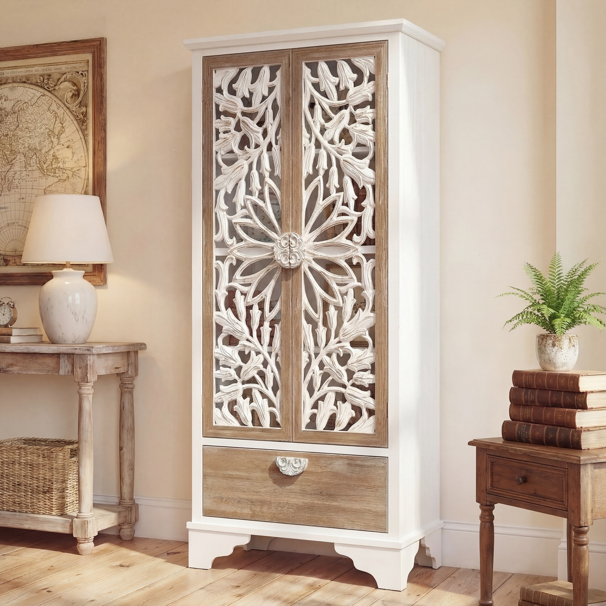 Solid Wood Tall Storage Cabinet, 31.5" Farmhouse Distressed White Carved Armoire with Shelves and Drawer - 31.5"x68.9"
