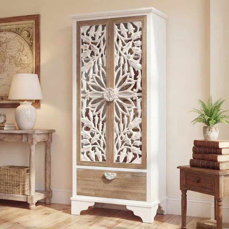 Solid Wood Tall Storage Cabinet, 31.5" Farmhouse Distressed White Carved Armoire with Shelves and Drawer - 31.5"x68.9"