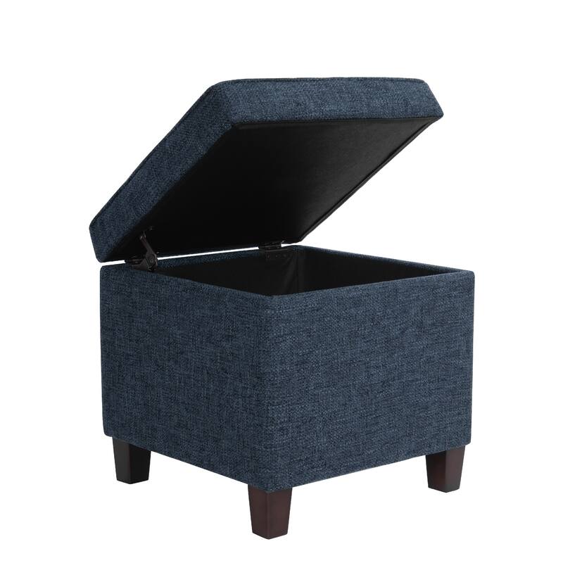 Hery 18 Inch Square Tray-Top Storage Ottoman in Navy Blue Woven Fabric