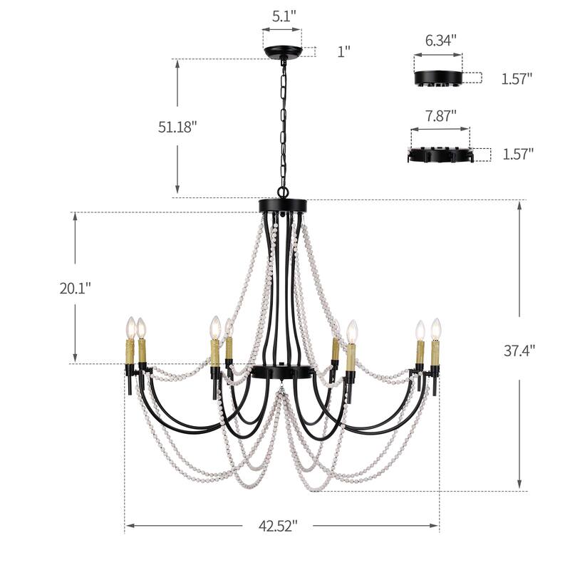 Rustic Beach Chandelier with Wooden Bead Strands | Matte Black 8-Light Dining Room Fixture - Satin Black
