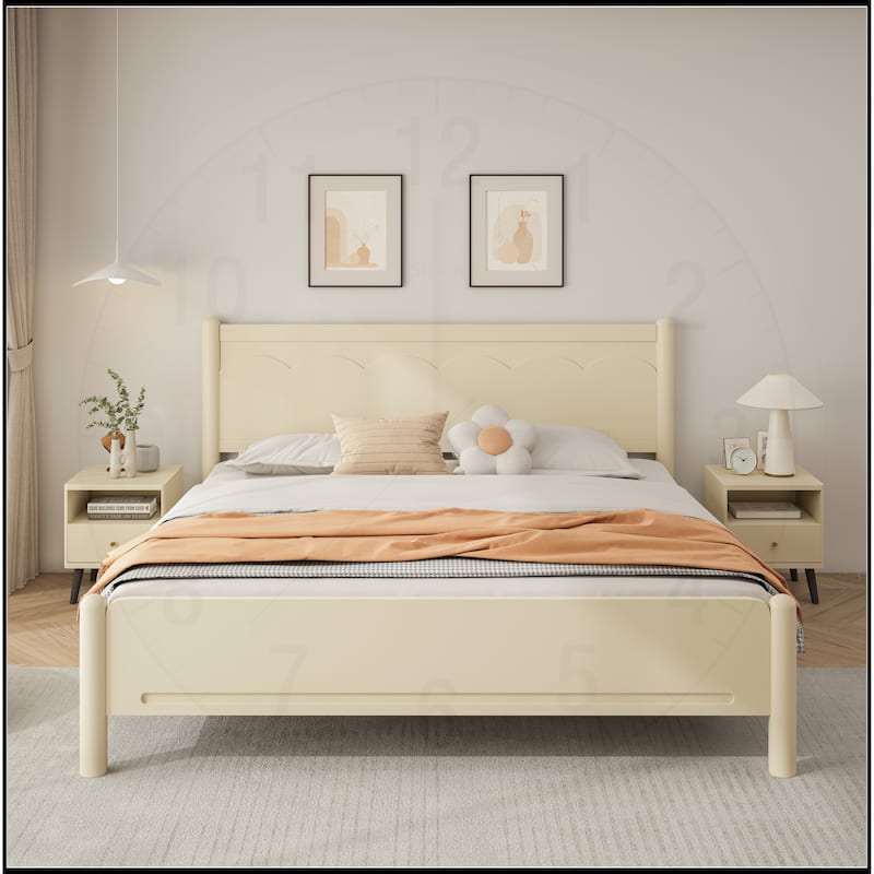 Wood Platform Bed Frame with Headboard and Wooden Slat Support - Beige Natural - King