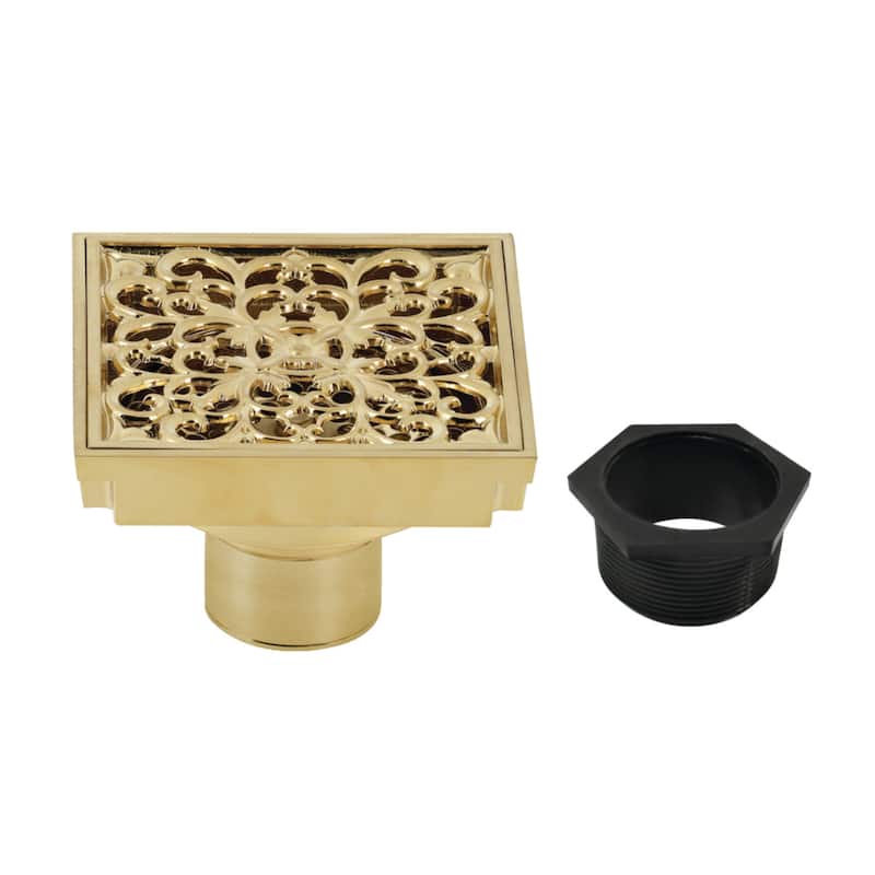 Watercourse Scroll 4" Square Grid Shower Drain - Brushed Brass
