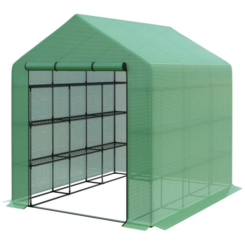 Outsunny 8' x 6' x 7' Portable Water/UV Walk-In Greenhouse Hot House with 18 Shelves, Weather Cover, & Roll Up Door