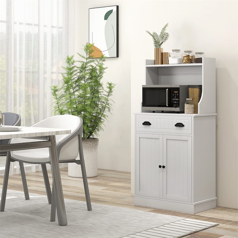 Microwave Cabinet w/ Drawer, Double Door Cabinet and Adjustable Shelf