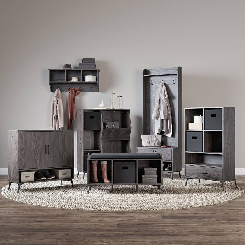 RiverRidge Woodbury Entryway Wall Coat Rack Storage with Hooks and Open Cubby Shelves for Hallway - Weathered Woodgrain