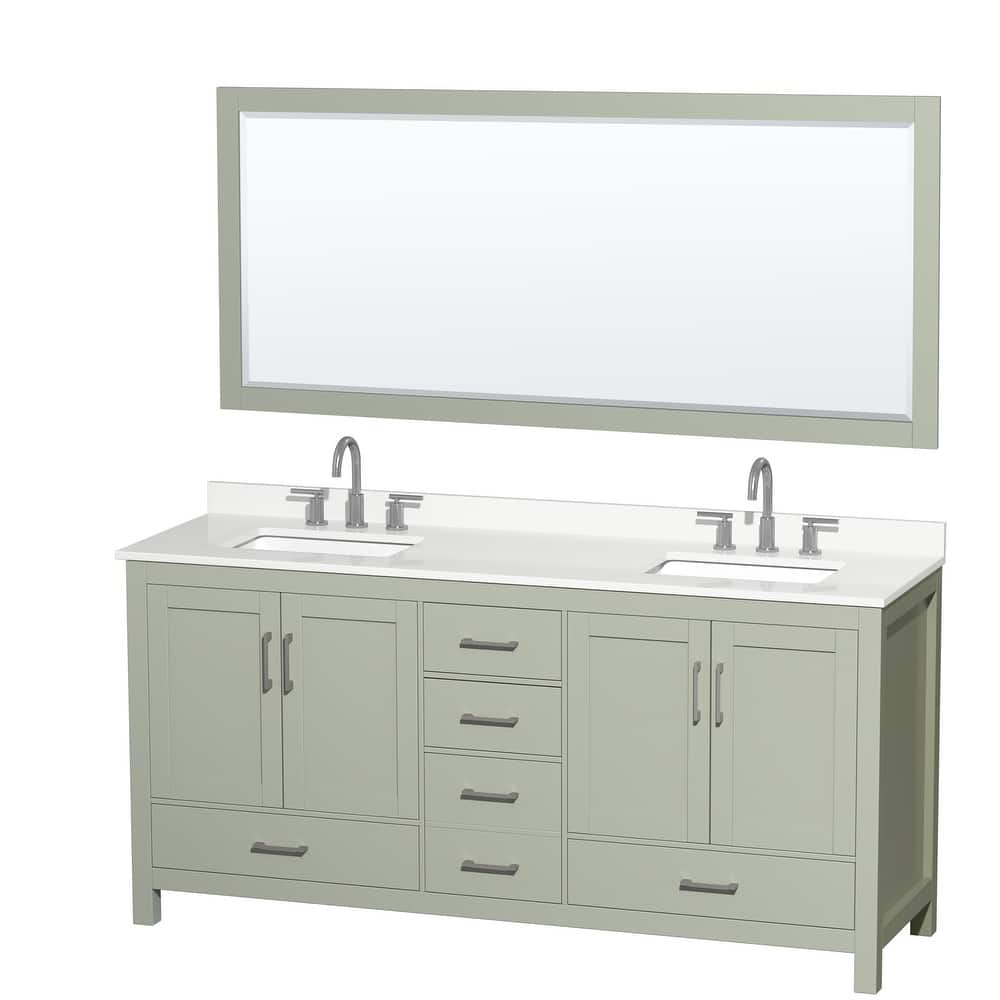 Sheffield 72-inch Double Vanity, 3 Hole Quartz Top, 70-inch Mirror