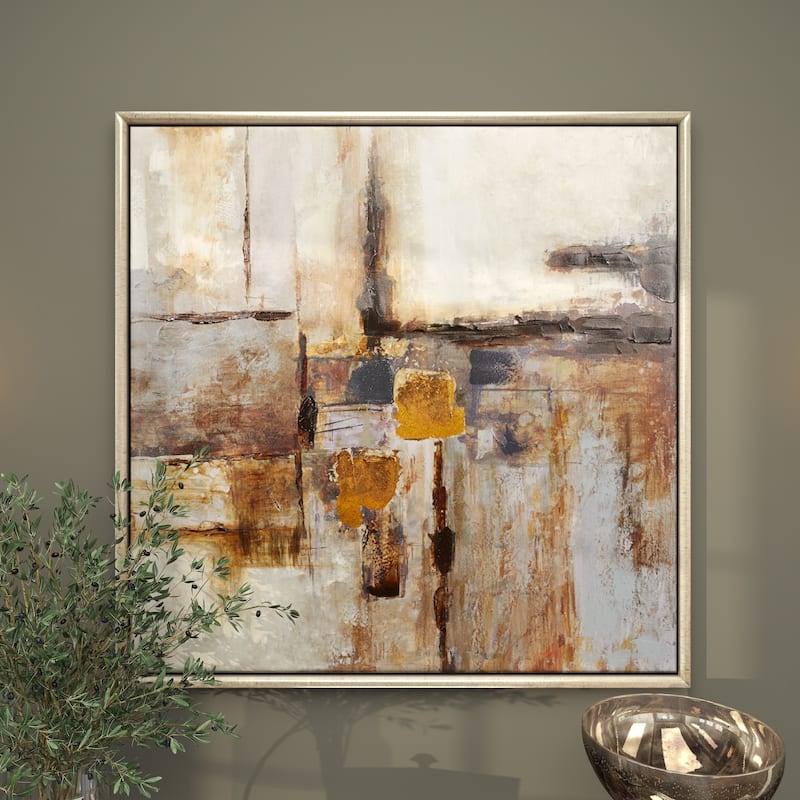 Brown Canvas Abstract Living Room Framed Wall Art with Silver Frame