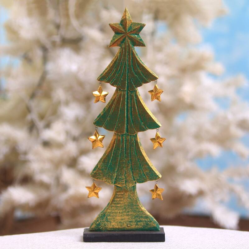 Novica Handmade Starry Christmas Tree Wood Tabletop Decor - Green - 16.5" H x 5.5" W x 2.8" D