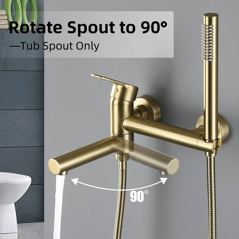 Modland Wall-Mounted Bathtub Faucet with Hand Shower, NSF Certified, 1.59GPM Flow, 90 Rotatable, Gold/Black
