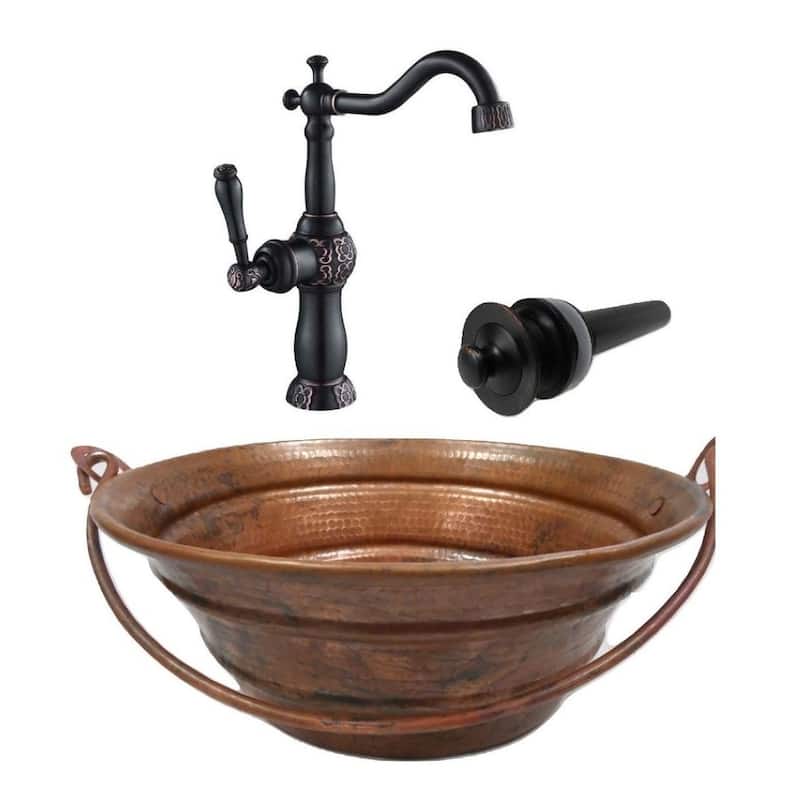 15" Round Natural Copper Vessel Bucket Bath Sink 13" Faucet & LT Drain Included - 15' x 15' x 6