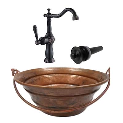 15" Round Natural Copper Vessel Bucket Bath Sink 13" Faucet & LT Drain Included - 15' x 15' x 6