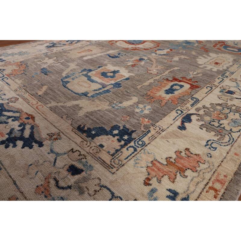 Vegetable Dye Grey Oushak Turkish Area Rug Handmade Floral Wool Carpet - 5'4"x 7'8"