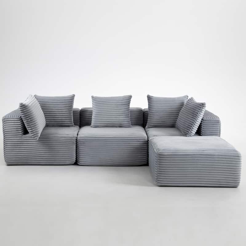 Floor Standing Deep Seat Sofa Corduroy Modular L-shaped Sectional Sofa with Chaise Lounge Compressed Sofa with Ottoman