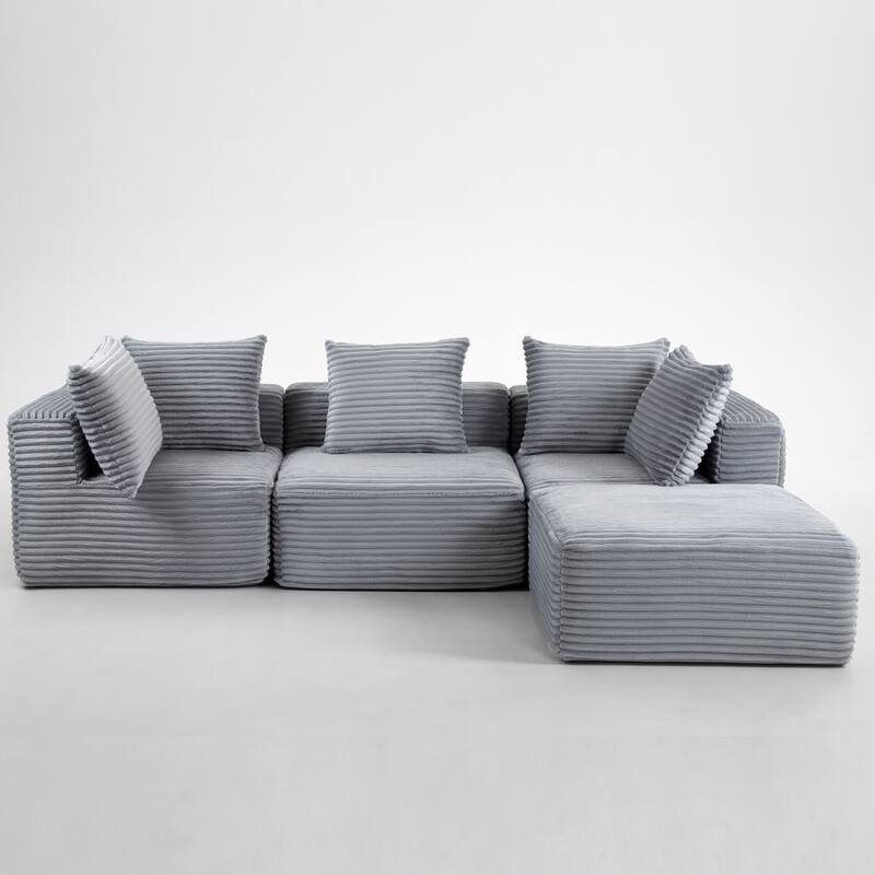 Grey Corduroy Modular Sectional Sofa 4 Seat Magic Cube Design 107" Wide No Assembly Required Compressed Foam Cushions