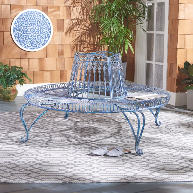SAFAVIEH Outdoor Irmeli Victorian Iron Round Tree Bench - 60" W x 60" D x 34" H - 60Wx60Dx34H - Antique Blue