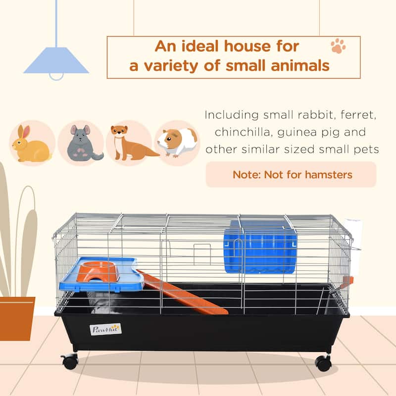 PawHut 35"L Small Animal Cage, Rolling Bunny Cage, Guinea Pig Cage with Food Dish, Water Bottle, Hay Feeder, Platform
