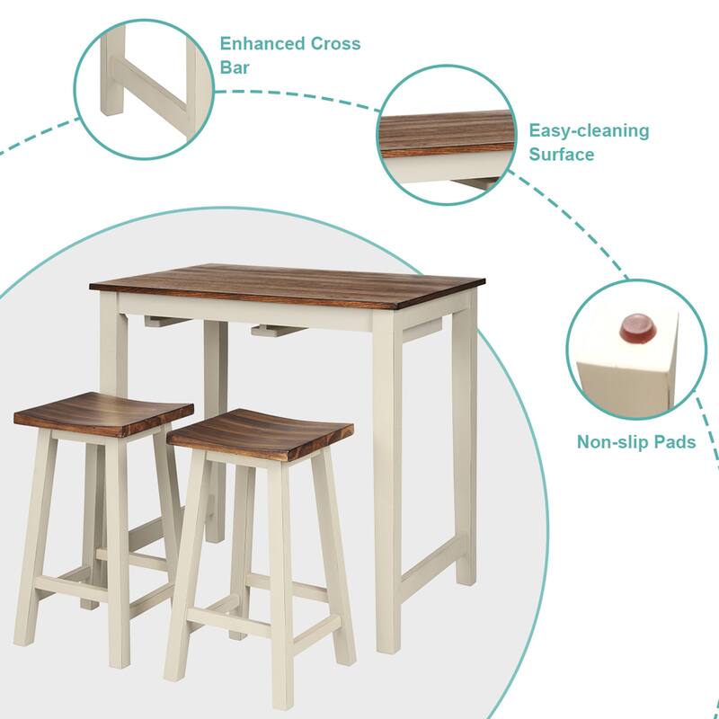 Gymax 3-Piece Bar Table Set Counter Pub Table& 2 Saddle Bar Stools w/