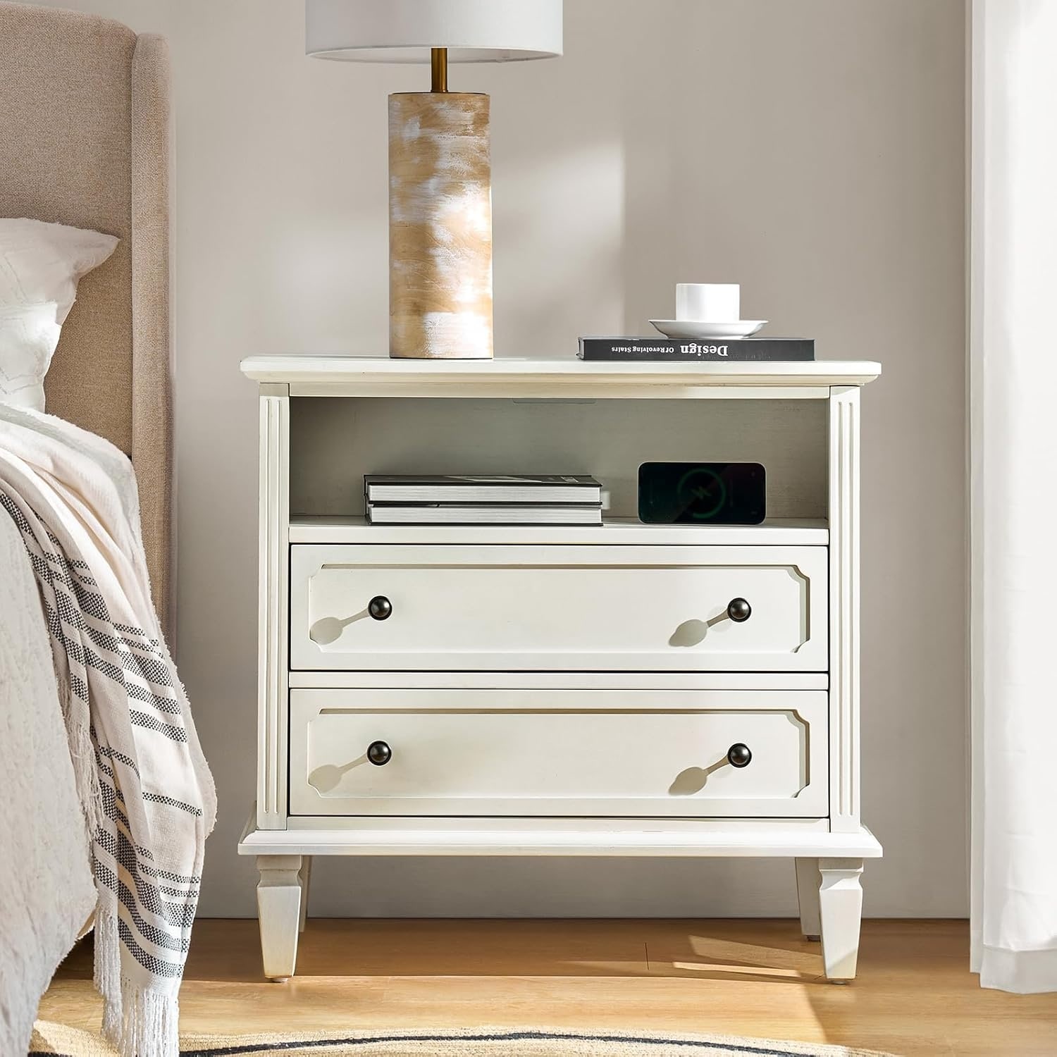 Modern Nightstand with Charging Station, USB Ports & Outlets, 2 Drawers & Open Shelf, White Bedside Table