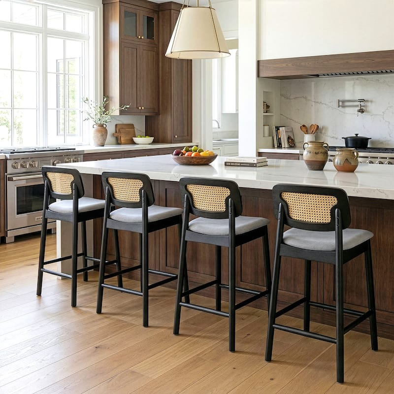 Set of 2 Azuka Gray Fabric Counter Stool with Rattan Back and Black Wood Legs