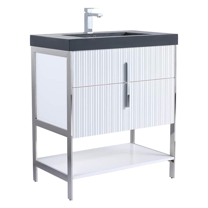 Fine Fixtures Serenity Modern Bathroom Vanity with Black Gel Acrylic Top - White Matte - Chrome Hardware - 30 inch