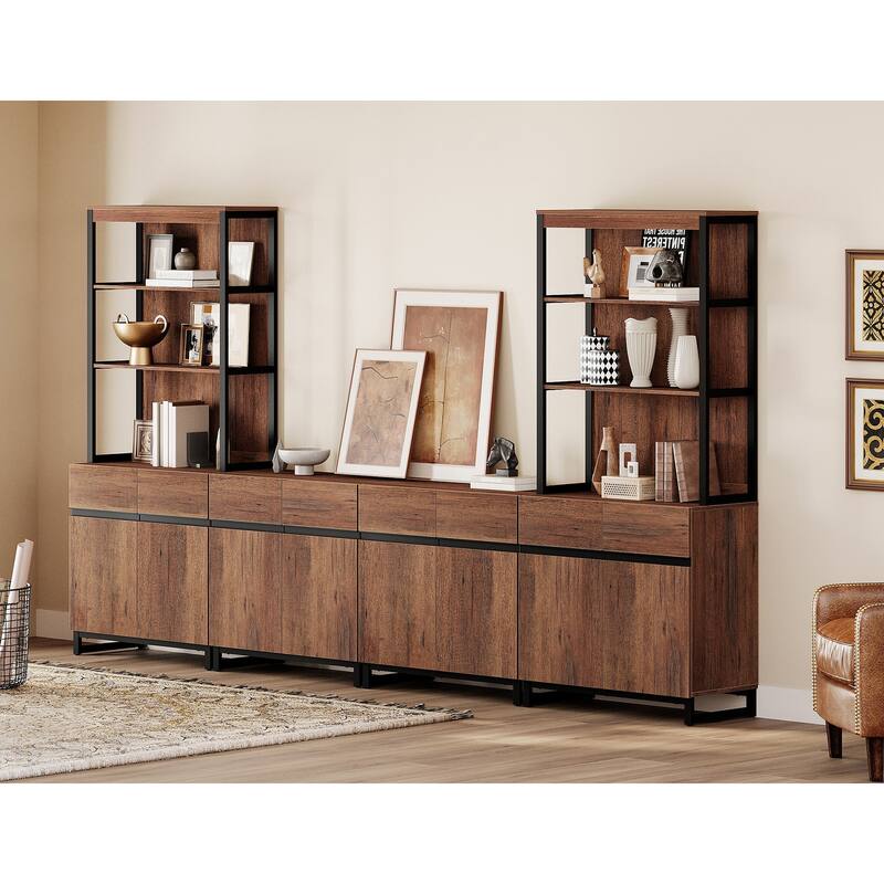 WAMPAT Modern TV Stand with 3 Tiers Bookshelf, Farmhouse Entertainment Center with 4 Large Storage Cabinets and Adjustable Shelf