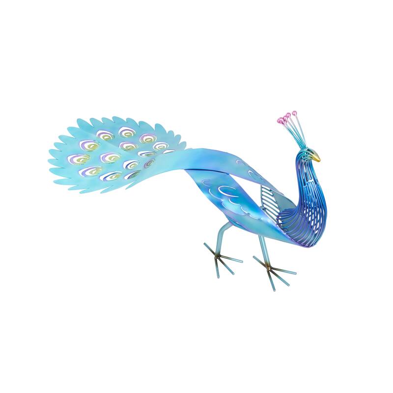Blue Metal Peacock Decorative Garden Sculpture with Open Wire Framed Body and Rainbow Accents