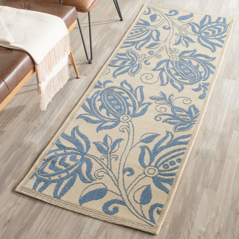 SAFAVIEH Courtyard Leatrice Indoor/ Outdoor Patio Backyard Rug - 2'3" x 6'7" Runner - Natural/Blue