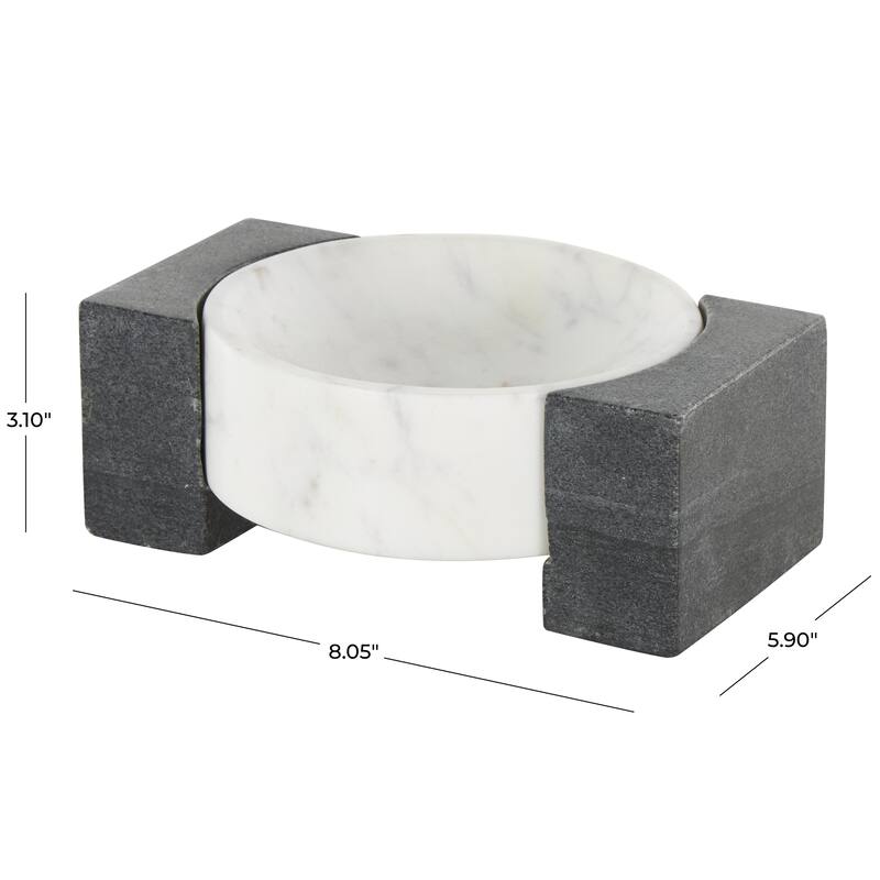 Marble Geometric Round Tray with Black Rectangular Blocks - White - Roche River Decor