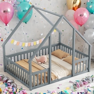 Full Floor House Bed with Fence,Guardrails