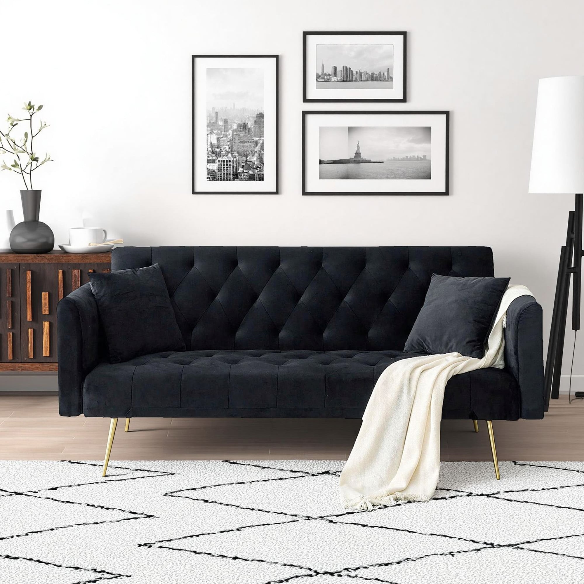 American Retro Black Velvet Loveseat, 71" Foldable Convertible Sofa for Bedroom