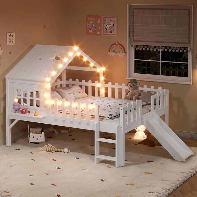 Full Size House Loft Bed with Slide,Playhouse Bed with Star Moon-shaped Designs and Window, Chic Design with LED Lights