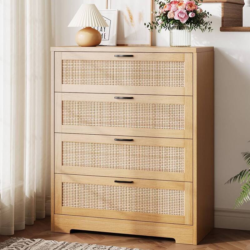 4 Drawers Rattan Dresser, Storage Chest of Drawer for Bedroom, Living Room, Entryway, Hallway