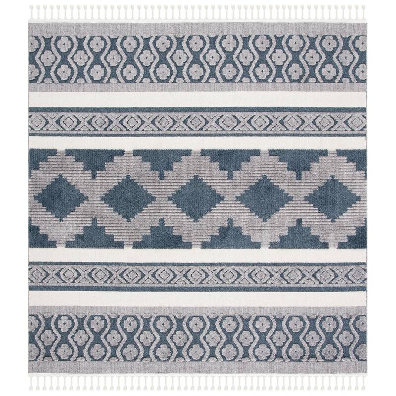 SAFAVIEH Marrakech Moroccan Madelene Boho Braided Tassel Area Rug - 6'7" Square - Ivory/Blue