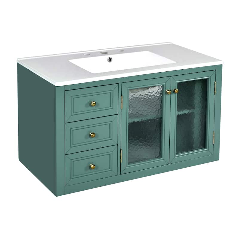Wall Mounted Bathroom Vanity Floating Storage Cabinet with 3 Drawers, Water Ripples Translucent Glass Doors and Golden Knobs