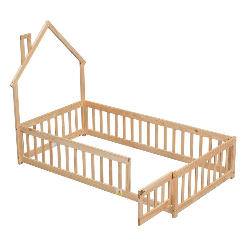 Natural Twin Size Pine House-Shaped Headboard Floor Bed with Fence